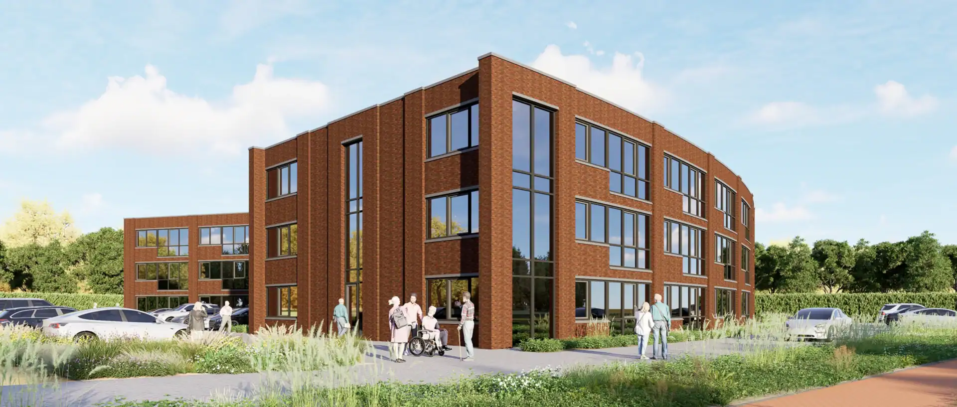 Modern kantoorgebouw met grote ramen en groene omgeving bij de eik.