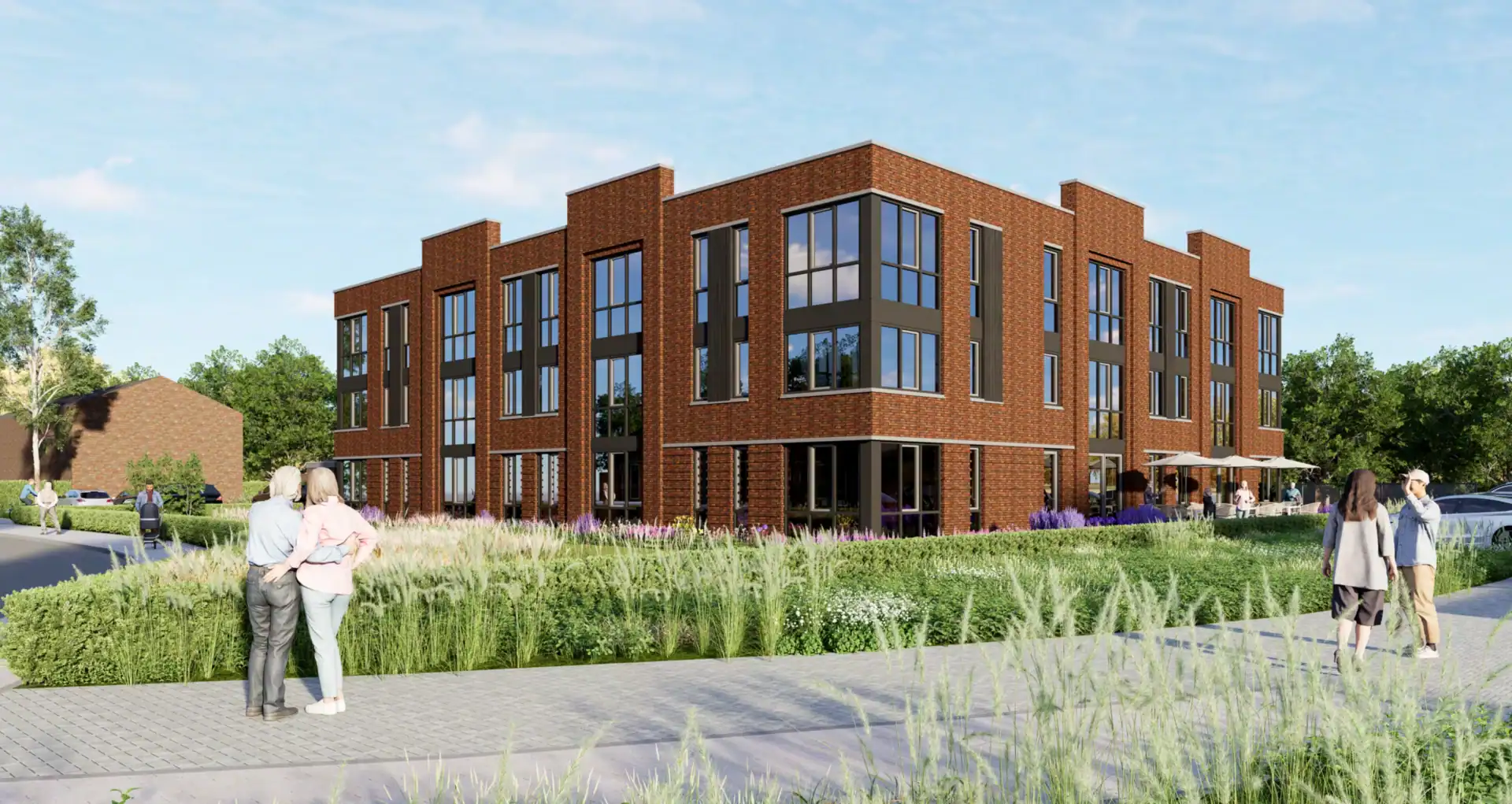 Moderne woongebouw met grote ramen en groene omgeving bij Unovia, nabij De Eik.