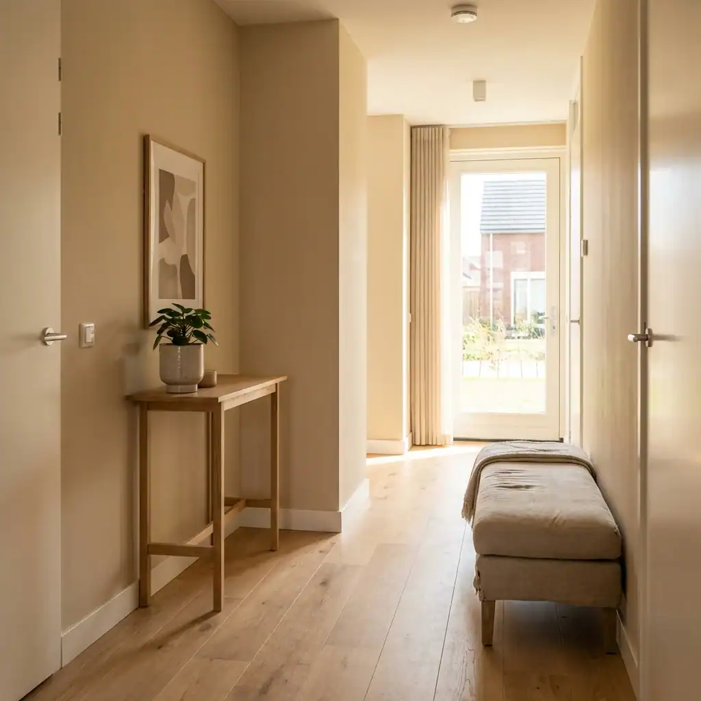 Woonkamer met grote glasdeur, lichte houten vloer en minimalistische inrichting.