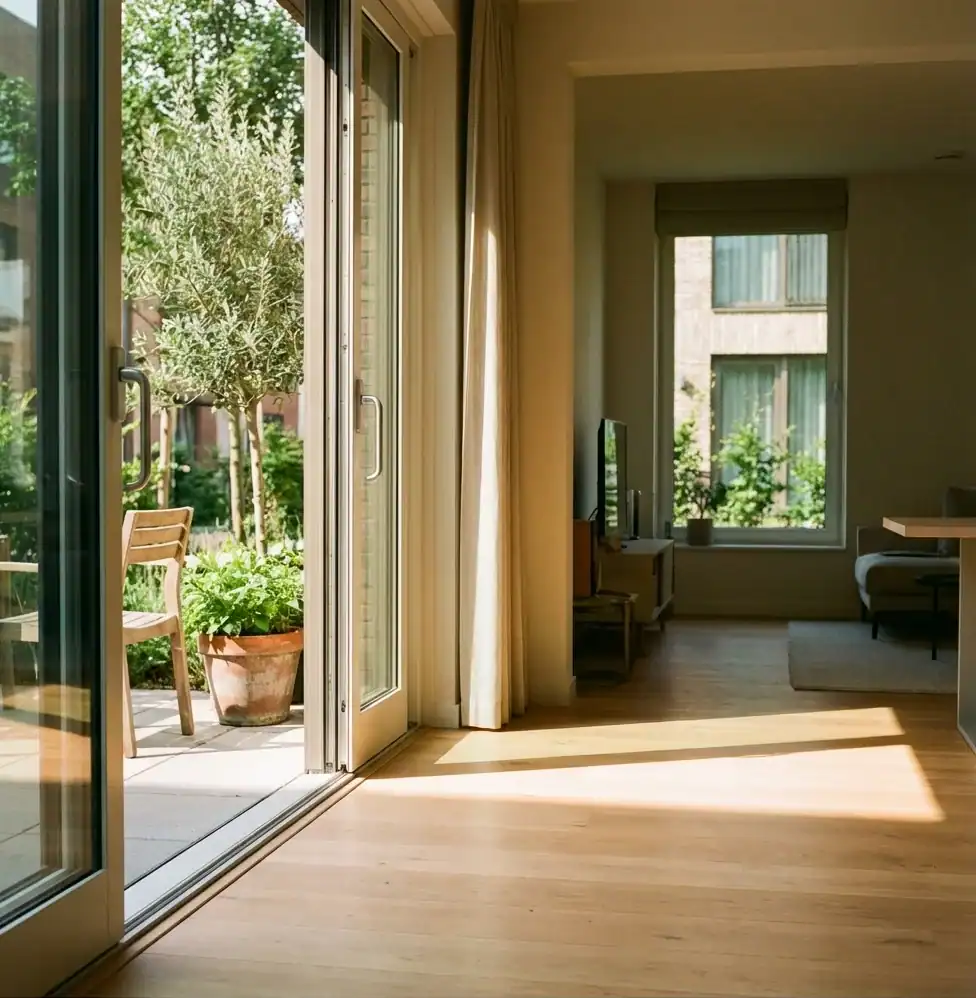 Ruime woonkamer met grote glazen schuifdeur, veel natuurlijk licht en uitzicht op tuin.