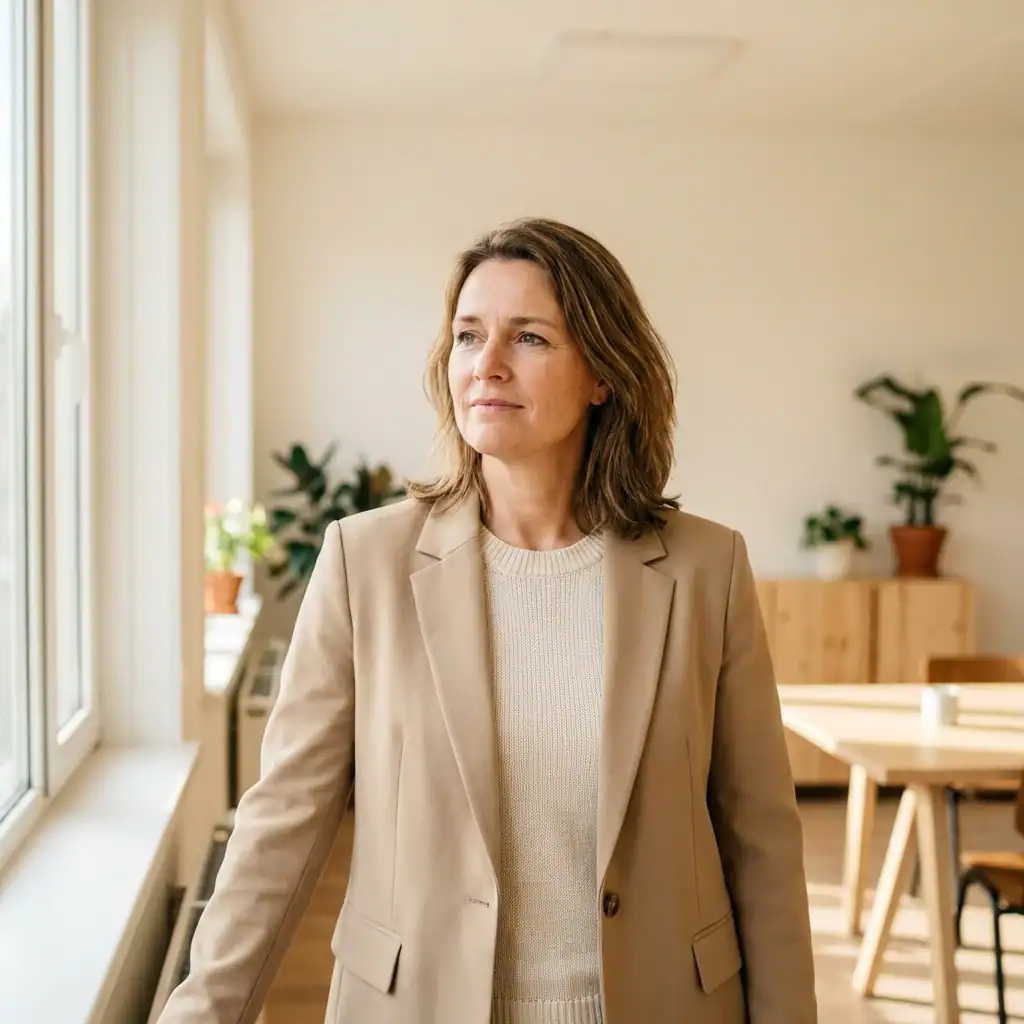 Zakelijke vrouw in kantoor met grote ramen en planten, professioneel en zelfverzekerd.