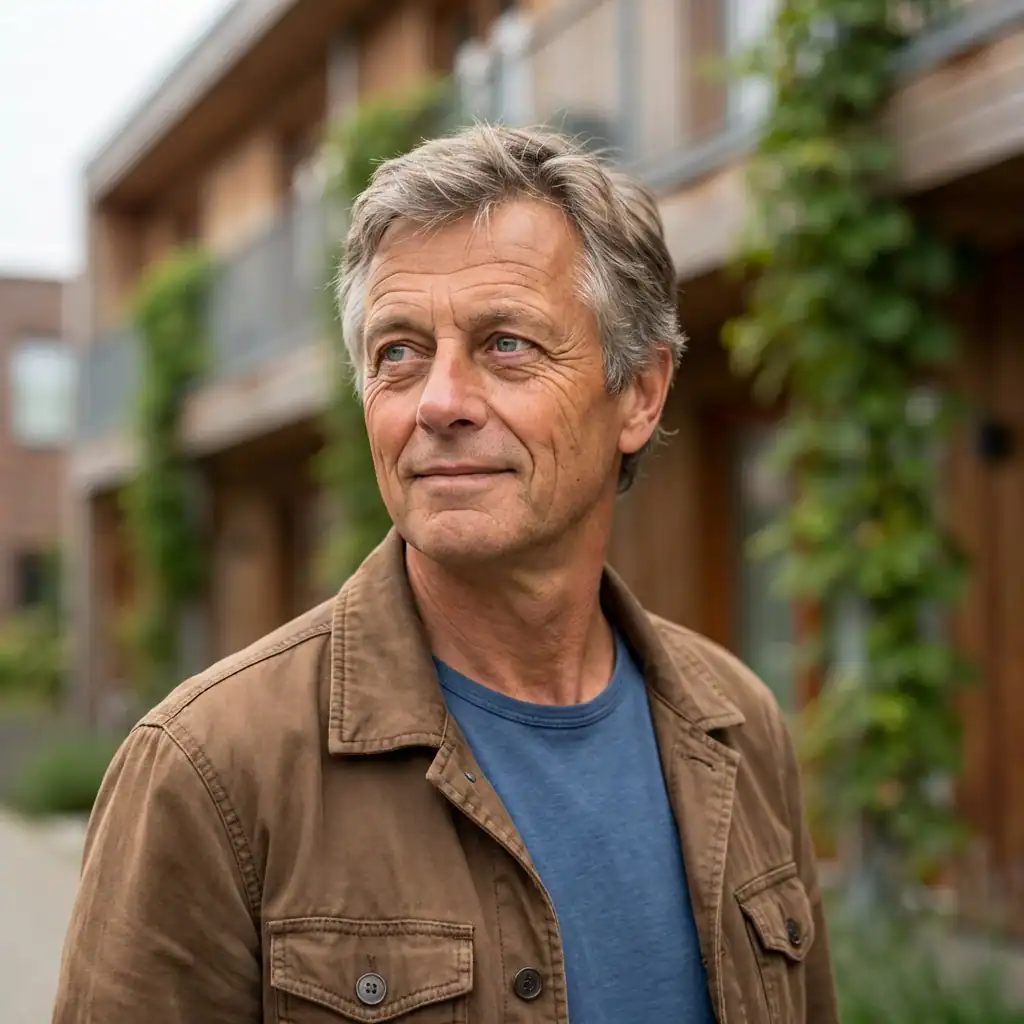 Man in tuin met planten en houten gebouw op achtergrond.