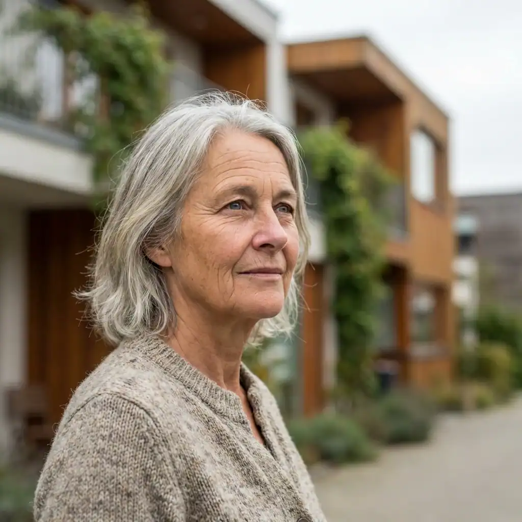 Oudere vrouw voor haar moderne woning met groene tuin.