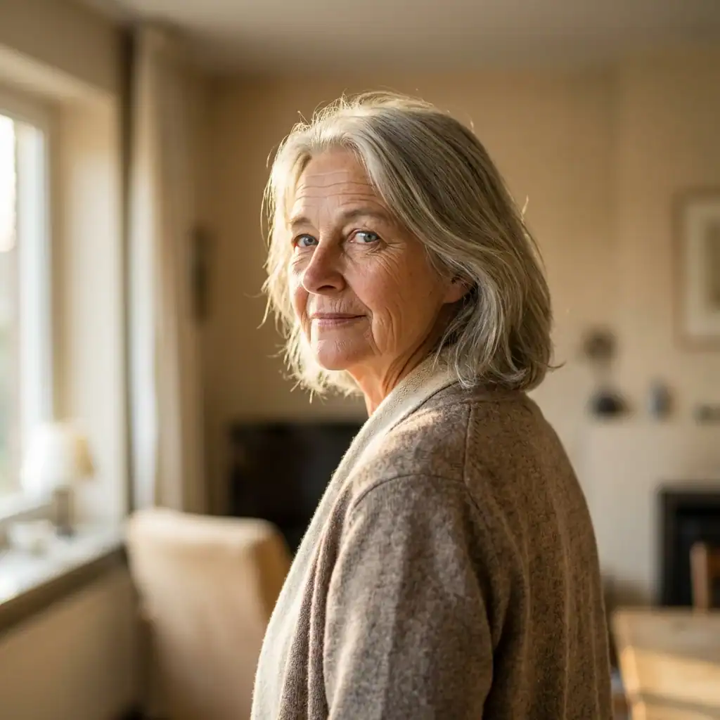 Oudere vrouw kijkt vriendelijk in de camera in een gezellige woonkamer.