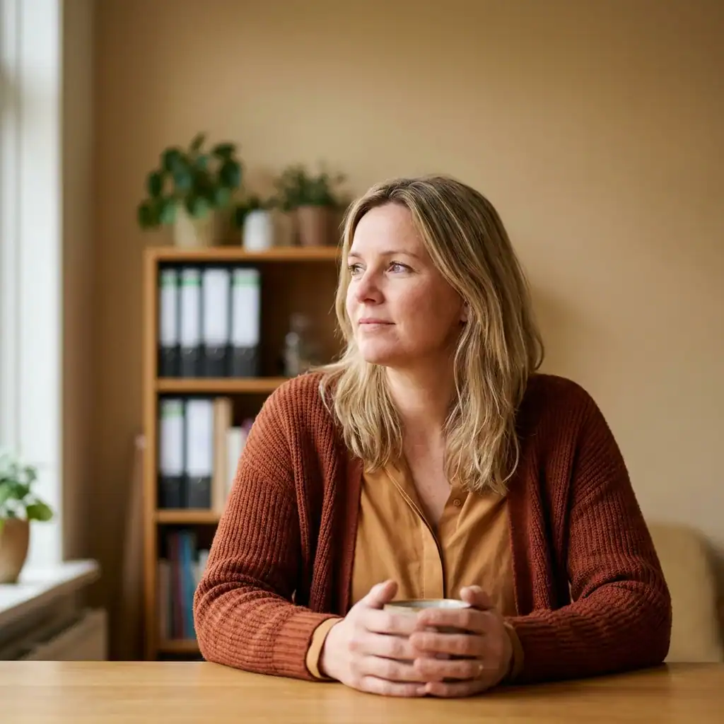 Vrouw zit aan tafel met kopje, rustige kantooromgeving, natuurlijke verlichting.